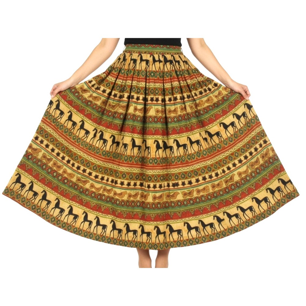 VTG BLUE EARTH Brown/Multi BOHO WESTERN Crepe POCKETS Pleated A-LINE SKIRT Sz XL